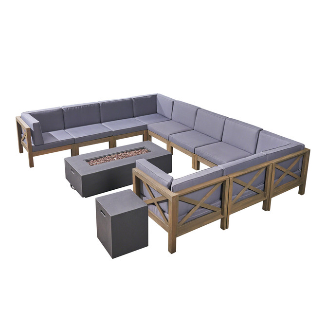 Cytheria Outdoor Sectional Sofa Set with Fire Pit | 12-Piece 10-Seater | Acacia Wood | Water-Resistant Cushions | Includes Tank Holder | Gray and Dark Gray