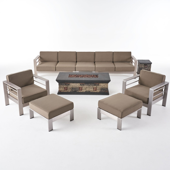 Danae Coral Outdoor 7 Seater Extended Aluminum Chat Set with Fire Pit