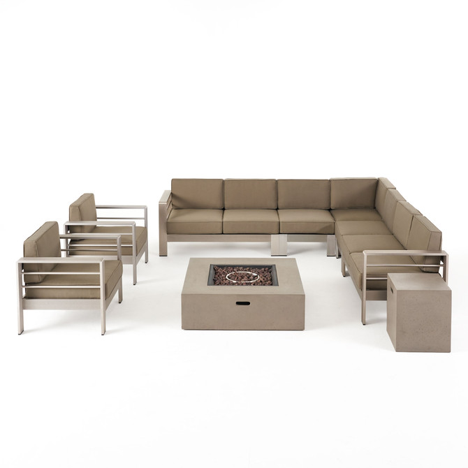 Danae Coral Outdoor 9 Seater Aluminum L-Shaped Sofa Sectional and Fire Pit Set