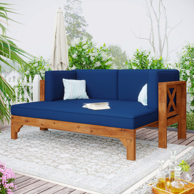 Outdoor Patio Extendable Wooden Sofa Set Sectional Furniture Set with Thick Cushions for Balcony Brown Finish-Blue Cushion