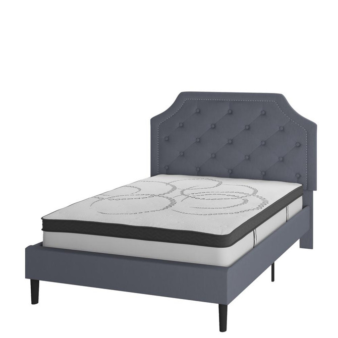 Brighton Full Size Tufted Upholstered Platform Bed in Light Gray Fabric with 10 Inch CertiPUR-US Certified Pocket Spring Mattress