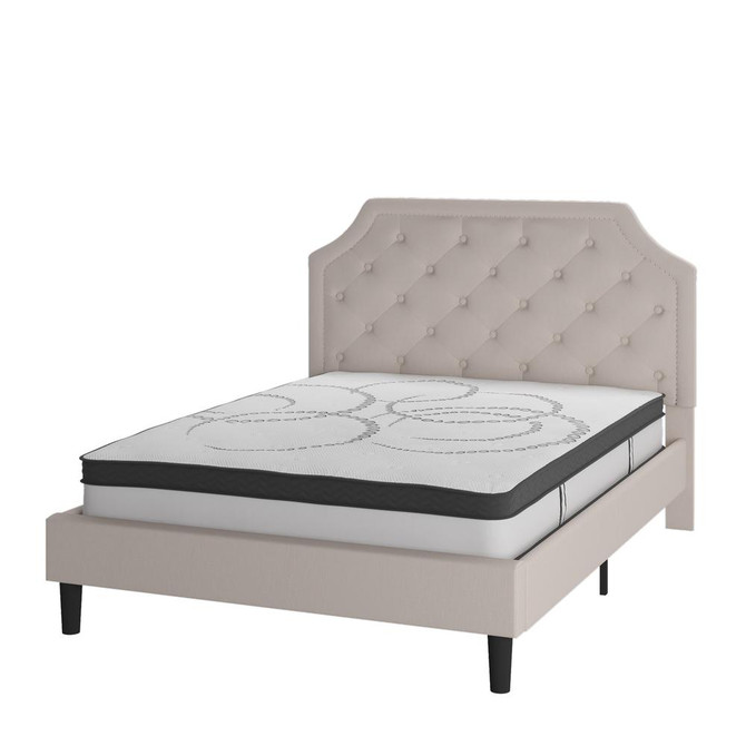 Brighton Queen Size Tufted Upholstered Platform Bed in Beige Fabric with 10 Inch CertiPUR-US Certified Pocket Spring Mattress