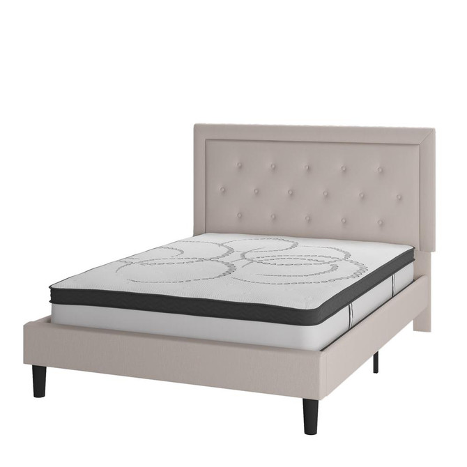 Roxbury Queen Size Tufted Upholstered Platform Bed in Beige Fabric with 10 Inch CertiPUR-US Certified Pocket Spring Mattress