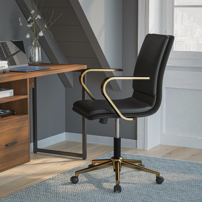James Mid-Back Designer Executive LeatherSoft Office Chair with Brushed Gold Base and Arms, Black