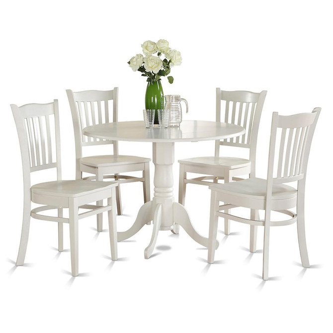 5 Piece Kitchen Table & Chairs Set Includes a Round Dining Room Table with Dropleaf and 4 Dining Chairs, 42x42 Inch, Linen White