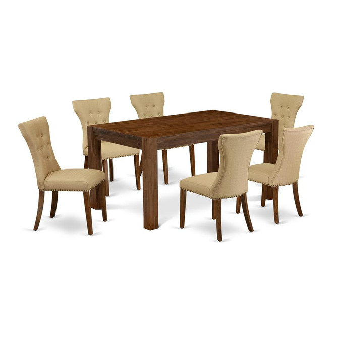 East West Furniture CNGA7-N8-03 7-Piece Dining Room Set- 6 Parson Chairs with Brown Linen Fabric Seat and Button Tufted Chair Back - Rectangular Table Top & Wooden 4 legs - Antique Walnut Finish
