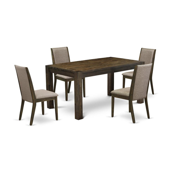 East West Furniture CNLA5-77-16 5-Pc Dinette Set- 4 Dining Room Chairs with Dark Khaki Linen Fabric Seat and Stylish Chair Back - Rectangular Table Top & Wooden 4 Legs - Distressed Jacobean Finish