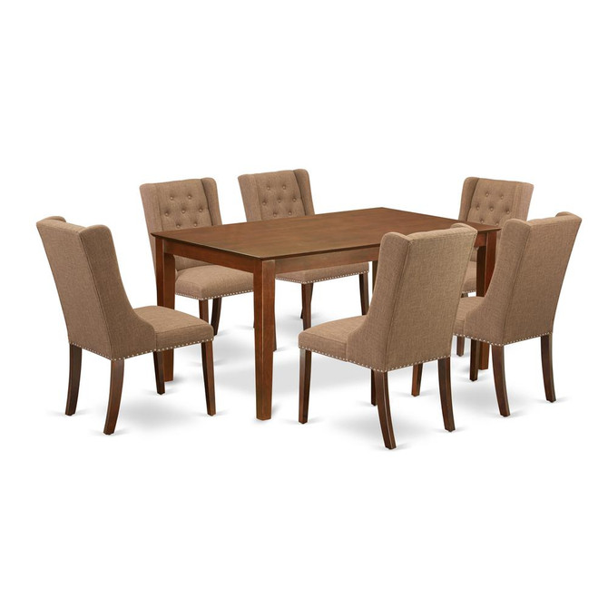 East West Furniture CAFO7-MAH-47 7-Pc Dining Room Set 6 Light Sable Linen Fabric dining room chairs with Button Tufted Back and 1 Beautiful Kitchen Dining Table - Mahogany Finish