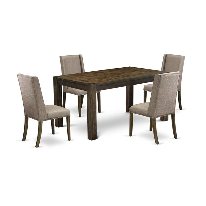 East West Furniture CNFL5-77-16 5-Pc Dining Room Table Set- 4 padded parson chairs with Dark Khaki Linen Fabric Seat and Stylish Chair Back - Rectangular Table Top & Wooden 4 Legs - Distressed Jacobea