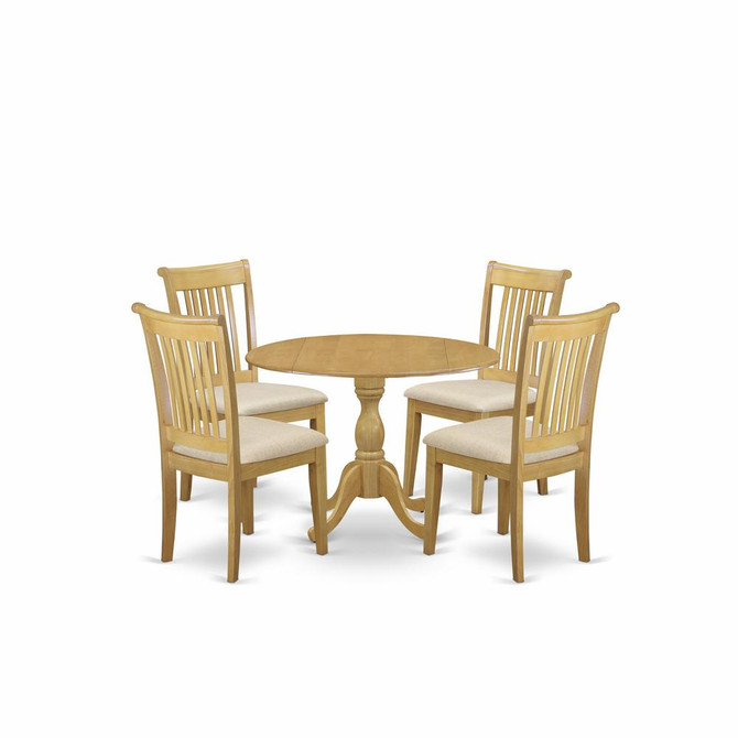 East West Furniture DMPO5-OAK-C 5 Piece Dining Table Set - Oak Wood Table and 4 Oak Linen Fabric Kitchen & Dining Room Chairs with Slatted Back - Oak Finish
