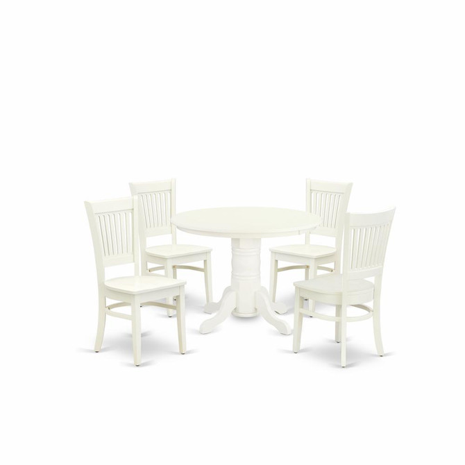 East West Furniture - DLVA5-LWH-W - 5-Pc dining room table Set- 4 Dining Chairs and Dining Room Table - Wooden Seat and Slatted Chair Back - Linen White Finish
