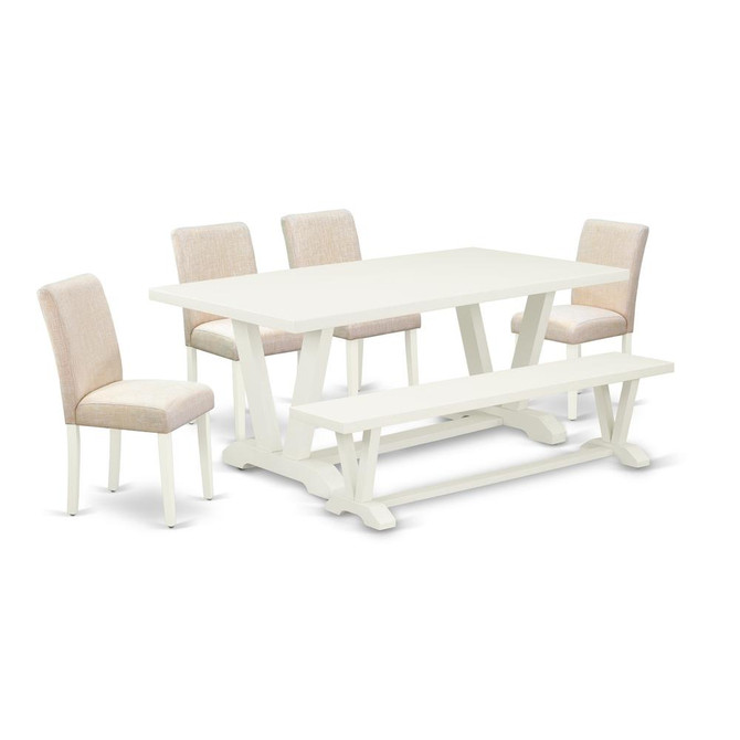 East West Furniture 6-Pc Kitchen Dining Table Set-Light Beige Linen Fabric Seat and High Stylish Chair Back Parson chairs, a Rectangular Bench and Rectangular Top dining table with Wooden Legs - Linen