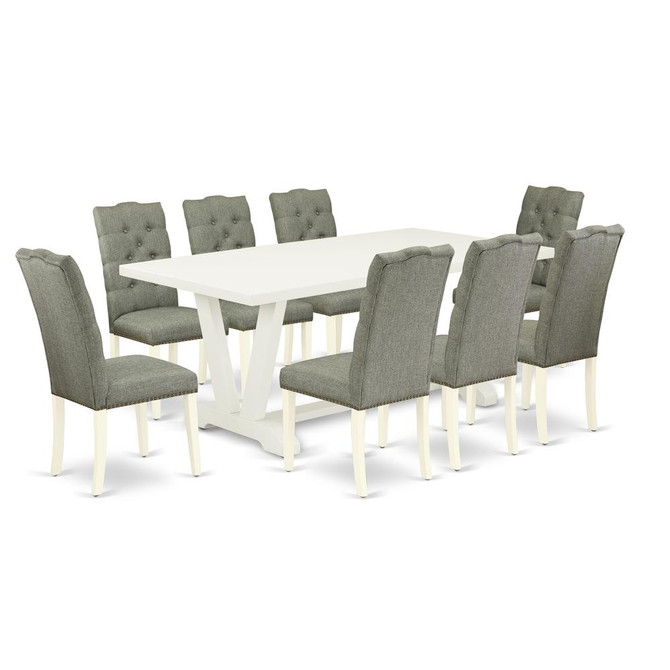 East West Furniture 9-Pc Dining Table Set- 8 Dining Room Chairs with Smoke Linen Fabric Seat and Button Tufted Chair Back - Rectangular Table Top & Wooden Legs - Linen White Finish