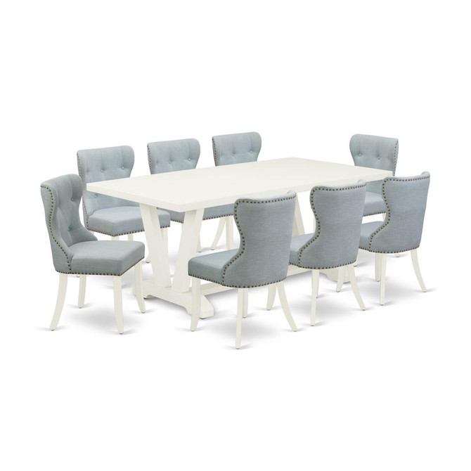 East West Furniture V027SI215-9 9-Piece Dining Room Table Set- 8 Dining Padded Chairs with Baby Blue Linen Fabric Seat and Button Tufted Chair Back - Rectangular Table Top & Wooden Legs - Linen White
