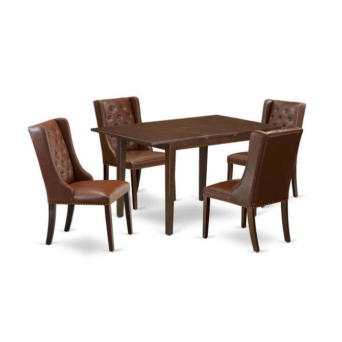 East West Furniture NFFO5-MAH-46 5-Piece Dining Room Set Includes 1 Butterfly Leaf Dining Table and 4 Brown Linen Fabric Dining Padded Chairs with Button Tufted Back - Mahogany Finish
