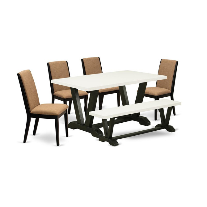 East West Furniture V626LA147-6 6-Piece Gorgeous Dining Table Set a Good Light Sable Dining Room Table Top and Light Sable Dining Bench and 4 Wonderful Linen Fabric Padded Chairs with Stylish Chair Ba