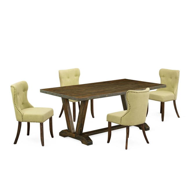 East West Furniture V777SI737-5 5-Piece Dinette Room Set- 4 Dining Chairs with Limelight Linen Fabric Seat and Button Tufted Chair Back - Rectangular Table Top & Wooden Legs - Distressed Jacobean Fini