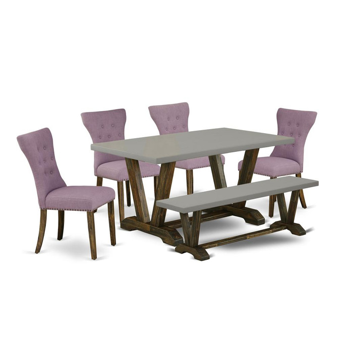 East West Furniture 6-Piece Dining -Dahlia Linen Fabric Seat and Button Tufted Chair Back kitchen parson chairs, A Rectangular Bench and Rectangular Top Kitchen Table with Solid Wood Legs - Cement and