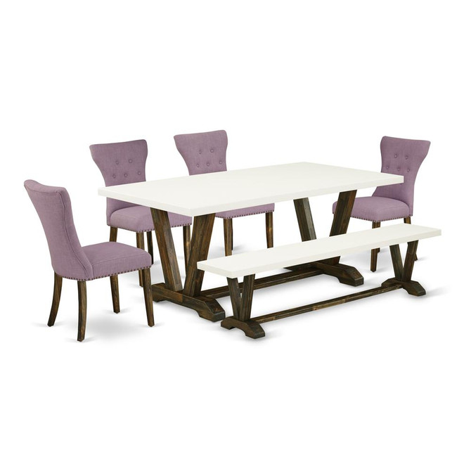 East West Furniture V727GA740-6 6-Piece Dining Table Set- 4 Kitchen Chairs with Dahlia Linen Fabric Seat and Button Tufted Chair Back - Rectangular Top & Wooden Legs Dining Room Table and Small Bench