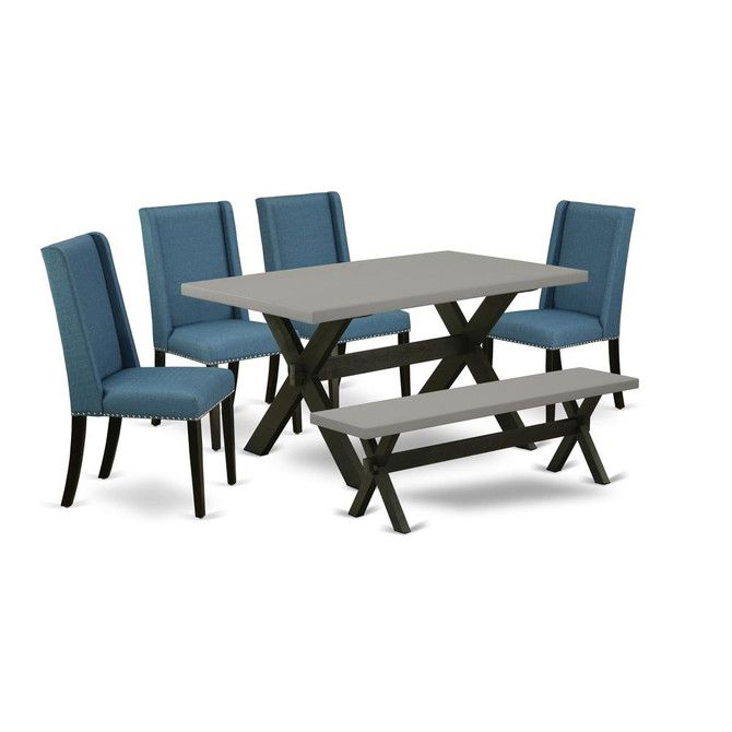 East West Furniture 6-Pc Dining room Table Set-Mineral Blue Linen Fabric Seat and High Stylish Chair Back Kitchen chairs, A Rectangular Bench and Rectangular Top Dining Table with Solid Wood Legs - Ce