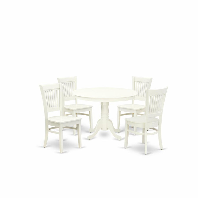 East West Furniture - HLVA5-LWH-W - 5-Pc dining room table Set- 4 Dining Room Chair and Wooden Dining Table - Wooden Seat and Slatted Chair Back - Linen White Finish