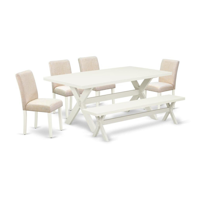 East West Furniture 6-Pc Dining Set-Light Beige Linen Fabric Seat and High Stylish Chair Back Parson Dining room chairs, A Rectangular Bench and Rectangular Top Modern Dining Table with Hardwood Legs