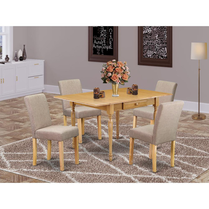 1MZAB5-OAK-04 5Pc Kitchen Table Sets Contains a Dining Room Table and 4 Parson Chairs with Light Fawn Color Linen Fabric, Drop Leaf Table with Full Back Chairs, Oak Finish