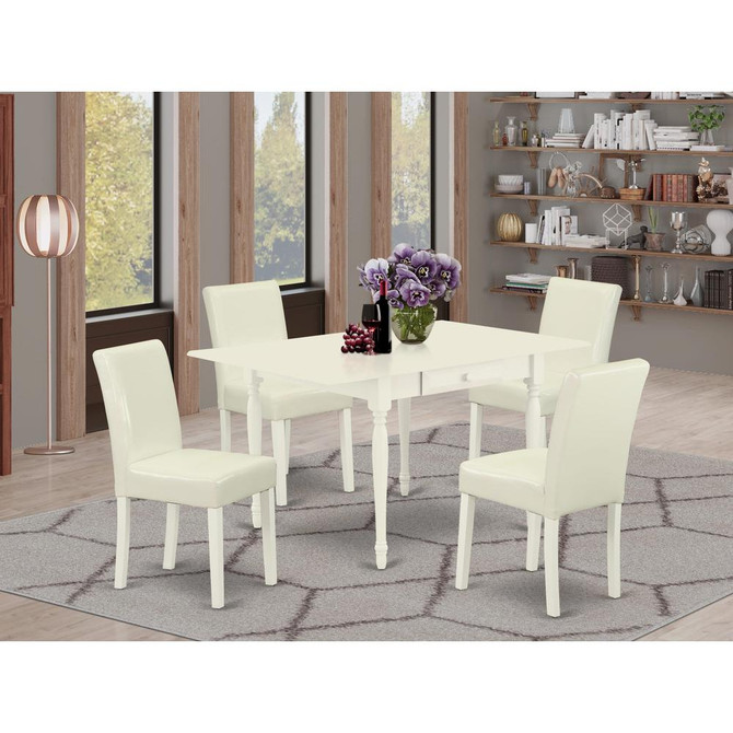 1MZAB5-LWH-64 5Pc Wood Dining Table Set Consists of a Dining Table and 4 Parsons Dining Chairs with White Color PU Leather, Drop Leaf Table with Full Back Chairs, Linen White Finish