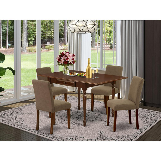 1MZAB5-MAH-18 5Pc Modern Dining Table Set Includes a Wood Dining Table and 4 Parson Chairs with Coffee Color Linen Fabric, Drop Leaf Table with Full Back Chairs, Mahogany Finish