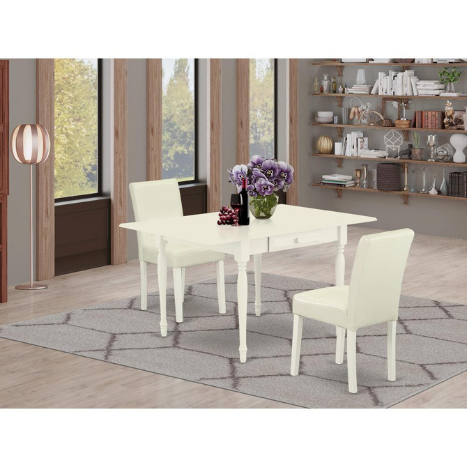 1MZAB3-LWH-64 3Pc Dining Table Set for 2 Includes a Small Dining Table and 2 Parsons Chairs with White Color PU Leather, Drop Leaf Table with Full Back Chairs, Linen White Finish