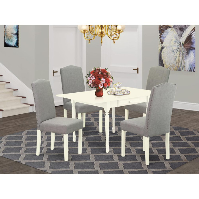 1MZEN5-LWH-06 5Pc Modern Dining Table Set Contains a Wood Dining Table and 4 Parsons Chairs with Shitake Color Linen Fabric, Drop Leaf Table with Full Back Chairs, Linen White Finish