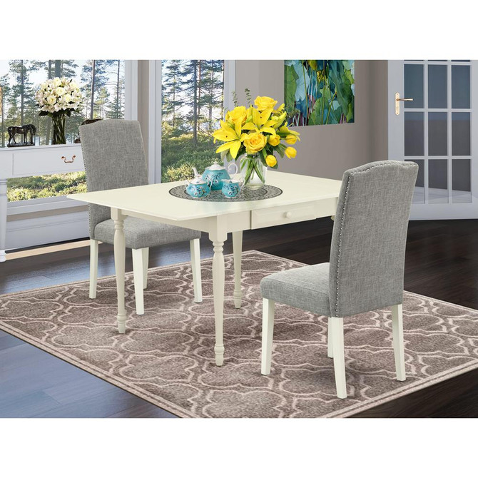 1MZEN3-LWH-06 3Pc Dining Table Set Contains a Wood Dining Table and 2 Parsons Chairs with Shitake Color Linen Fabric, Drop Leaf Table with Full Back Chairs, Linen White Finish