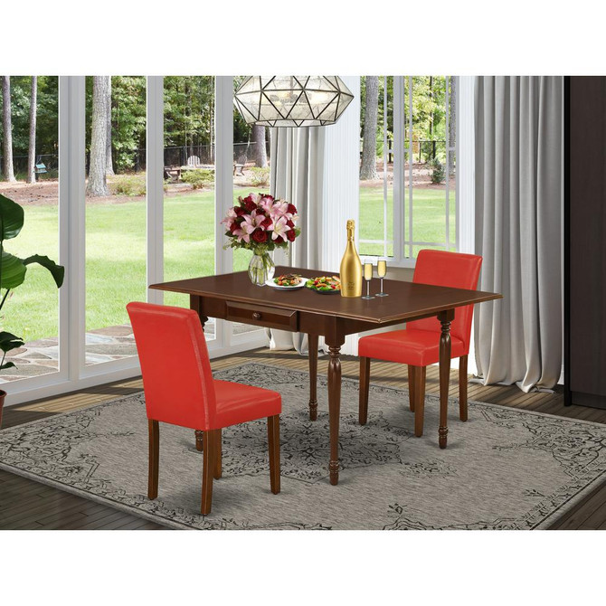 1MZAB3-MAH-72 3Pc Dinette Sets for Small Spaces Consists of a Wood Dining Table and 2 Parsons Dining Chairs with Firebrick Red Color PU Leather, Drop Leaf Table with Full Back Chairs, Mahogany Finish