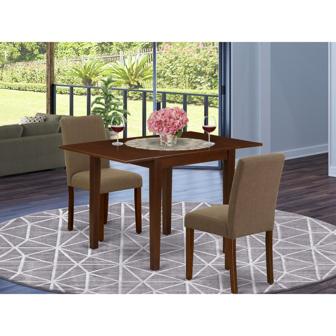 1NDAB3-MAH-18 Modern Dining Table Set 3 Pc - Two Parson Chairs and a Dining Room Table - Mahogany Finish Wood - Coffee Color Linen Fabric
