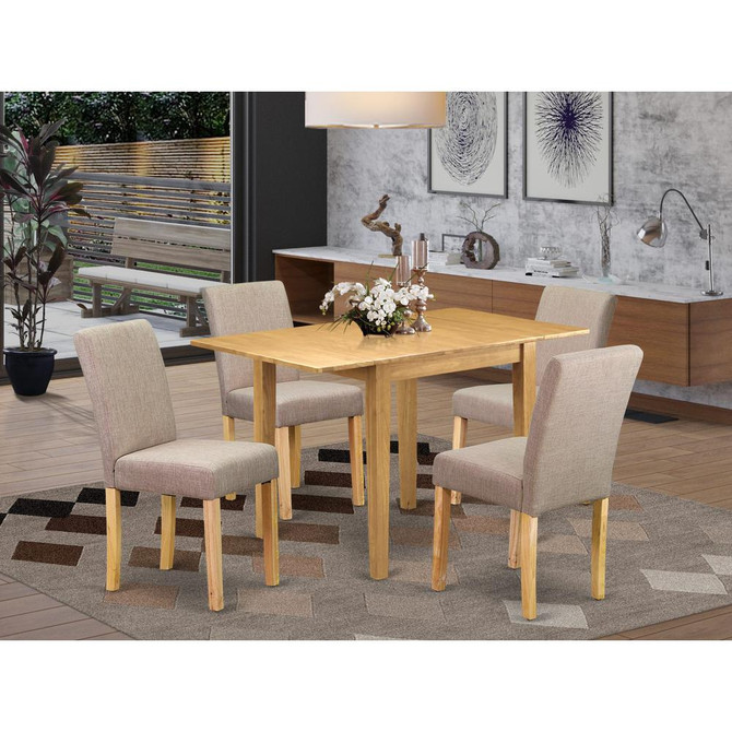 1NDAB5-OAK-04 Dinette Set 5 Pc - Four Dining Room Chairs and a Wooden Table - Oak Finish Hardwood - Light Fawn Color Linen Fabric