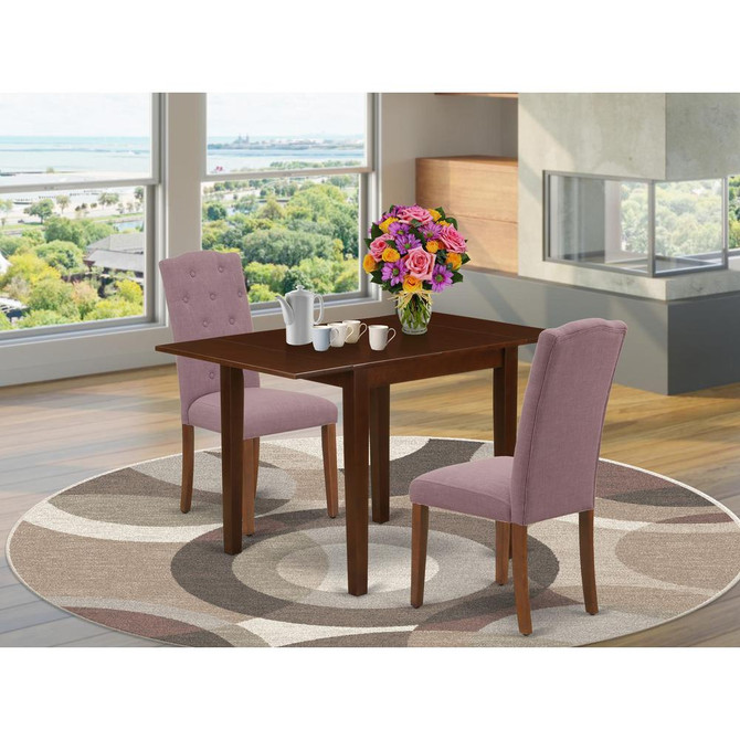 1NDCE3-MAH-10 Wooden Dining Table Set 3 Pc - 2 Dining Chairs and a Dining Table - Mahogany Finish Wood - Dahlia Color Linen Fabric
