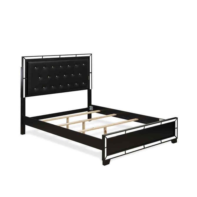 NE11-Q00000 Nella Platform Bed Frame with Button Tufted Headboard - Black Leather Headboard and Black Legs - Queen Size