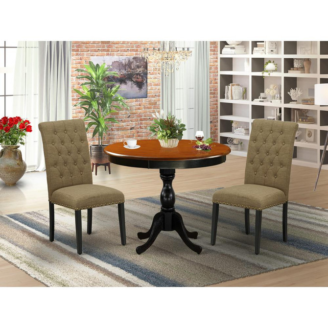 East West Furniture 3-Pc Modern Dining Set Includes a Wooden Dinner Table and 2 Light Sable Linen Fabric Upholstered Dining Chairs with Button Tufted Back - Black Finish