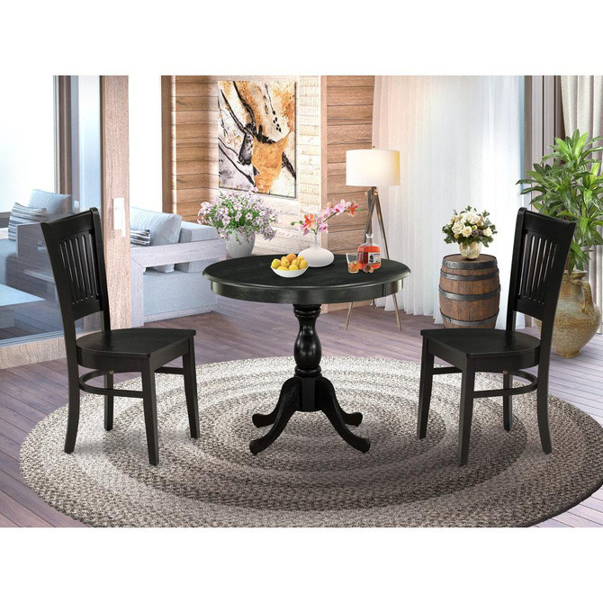 East West Furniture 3-Pc Dinette Room Set- 2 Modern Dining Room Chair and Kitchen Dining Table - Wooden Seat and Slatted Chair Back (Black Finish)