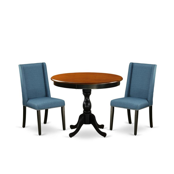 East West Furniture 3-Pc Dinning Room Set Includes a Wood Kitchen Table and 2 Blue Linen Fabric Dinning Chairs with High Back - Black Finish