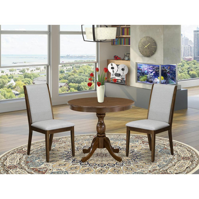 East West Furniture 3 Piece DINETTE SET Contains 1 Wood Dining Table and 2 Grey Linen Fabric Parsons Chair with High Back - Acacia Walnut Finish