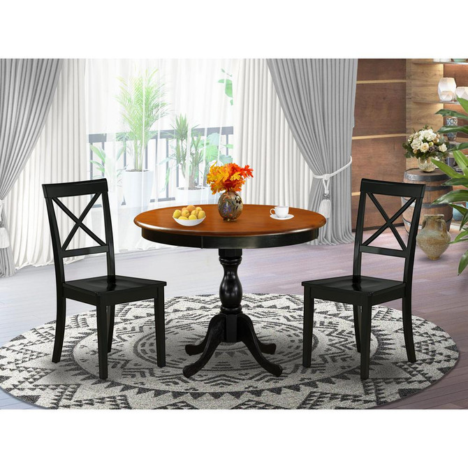 East West Furniture 3-Pc Kitchen Dining Table Set Includes a Dinner Table and 2 Wooden Dining Chairs with X-Back - Black Finish