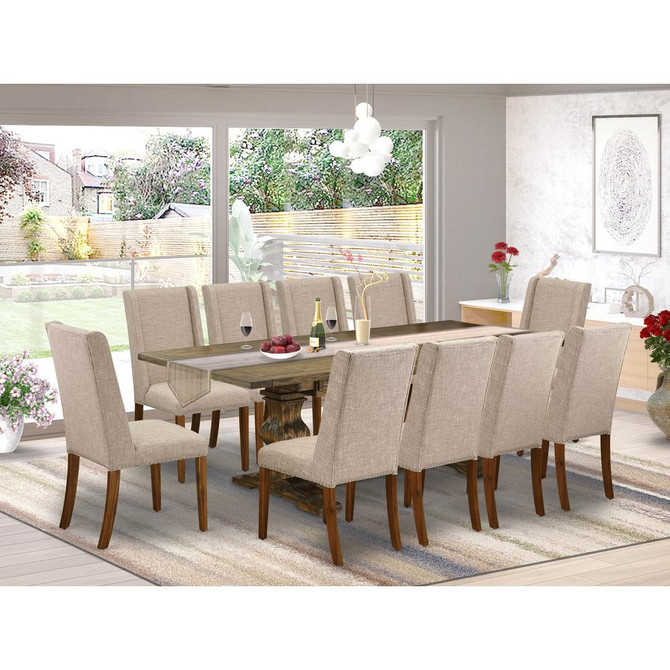 East West Furniture 11-Piece Dining Room Table Set Consists of a Rectangular Table and 10 Light Tan Linen Fabric Parson Chairs with High Back - Distressed Jacobean Finish