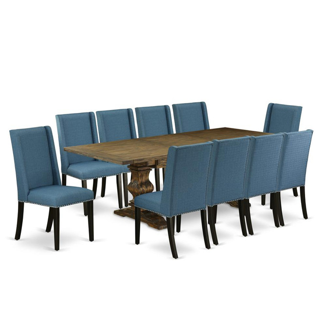 East West Furniture 11-Piece Modern Dining Table Set Includes a Dining Table and 10 Mineral Blue Linen Fabric Parson Dining Chairs with High Back - Distressed Jacobean Finish