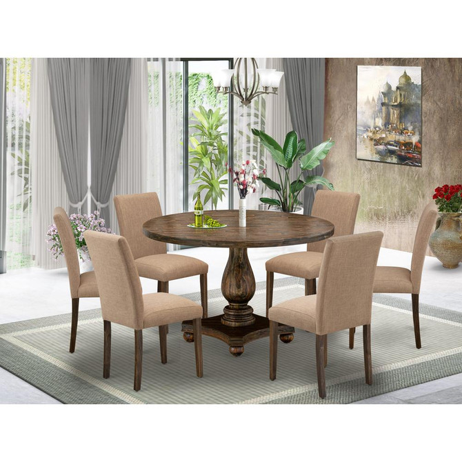 East West Furniture 7 Piece Dining Table Set Includes a Dining Room Table and 6 Light Sable Linen Fabric Mid Century Modern Chairs with High Back - Distressed Jacobean Finish