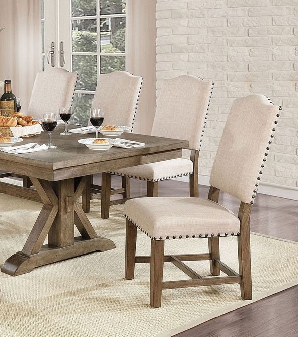 Rustic Classic 2pcs Dining Chairs Beige Fabric Upholstered Cushion Side Chairs Nail-head Trim Kitchen Dining Room Solid wood 
