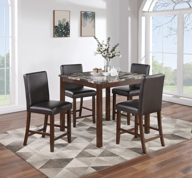 Classic Stylish Espresso Finish 5pc Counter Height Dining Set Kitchen Dinette Faux Marble Top Table and 4x High Chairs Faux Leather Cushions Seats Dining Room