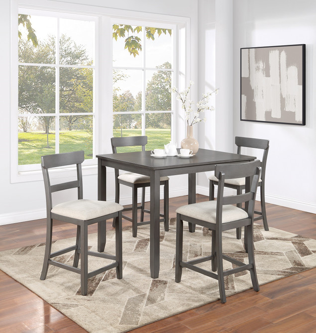 Classic Stylish Gray Natural Finish 5pc Counter Height Dining Set Kitchen Wooden Top Table and Chairs Cushions Seats Ladder Back Chair Dining Room