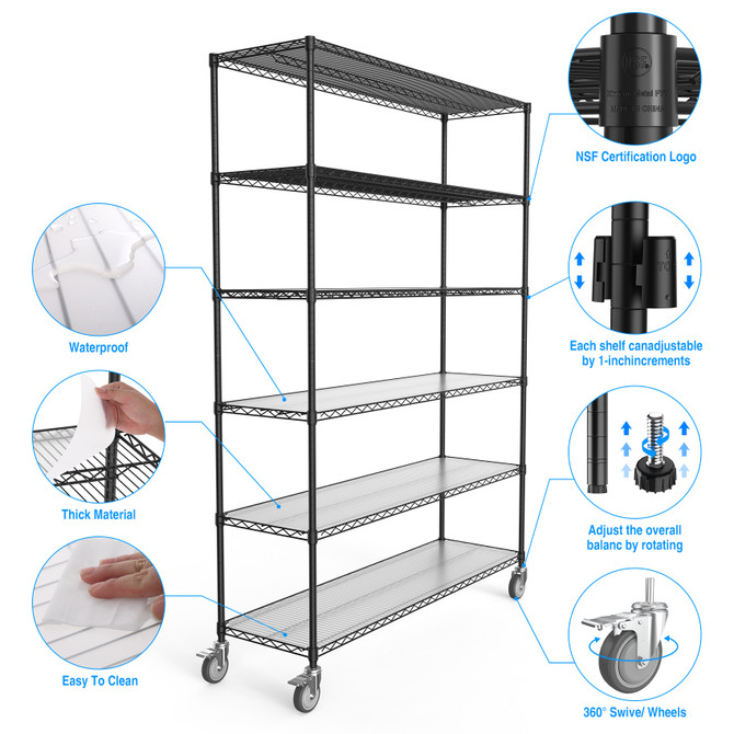 6 Tier Wire Shelving Unit, 6000 LBS NSF Height Adjustable Metal Garage Storage Shelves with Wheels