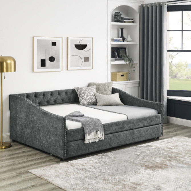 Full Size Daybed with Twin Size Trundle Upholstered Tufted Sofa Bed, with Button on Back and Copper Nail on Waved Shape Arms,Grey (80.5"x55.5"x27.5")  